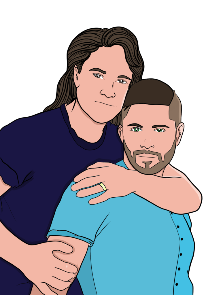 llustration of Ben and Alex, the central LGBTQ+ couple from the San Capistrano series. Alex, with long dark hair and a dark blue shirt, stands behind Ben, who has short hair, a scruffy beard, and a light blue button-up. Alex wraps his arms around Ben’s shoulders, showing a gold weeding ring. Images shows warmth, affection, and a loving same‑sex relationship.
